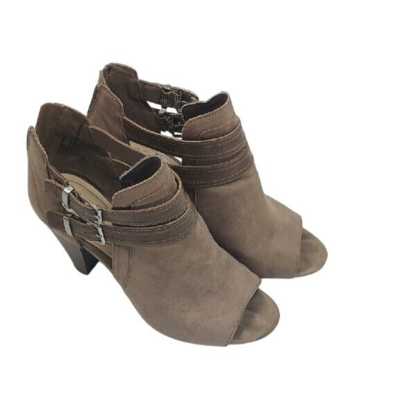 Liz Claiborne Heels Womens Size 7.5 Tan Open Toe Faux Leather Western Flair - Picture 1 of 8